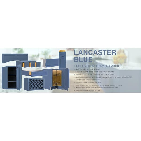 Lancaster Blue Plywood Shaker Stock Assembled Base Kitchen Cabinet 33 in. W x 34.5 in. D H x 24 in. D