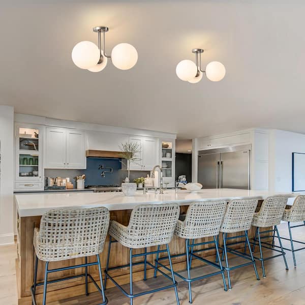 Lueck 22 in. 3-Light Modern Sputnik Nickel Semi Flush Mount with Globe White Glass