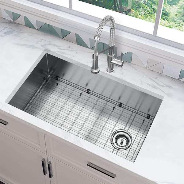 All-in-One Zero Radius Undermount 16G Stainless Steel 32 in. Single Bowl Kitchen Sink, Offset Drain, Spring Neck Faucet