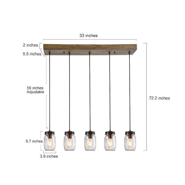 Modern Farmhouse Wood DIY Island Chandelier 5-Light Industrial Dark Brown Linear Pendant Light with Mason Jar Shade