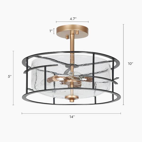 14 in. 3-Light Black Modern Semi-Flush Mount, Seeded Glass Dark Gold Ceiling Light, Farmhouse Open Cage Light Fixture