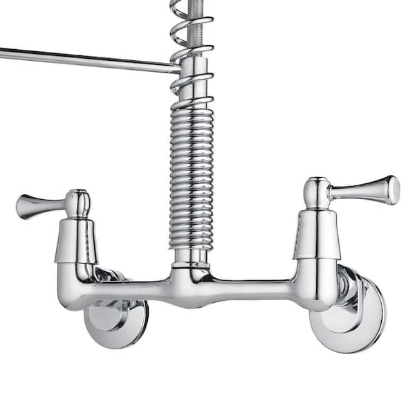 2-Handle Wall-Mount Pull-Down Sprayer Kitchen Faucet in Chrome