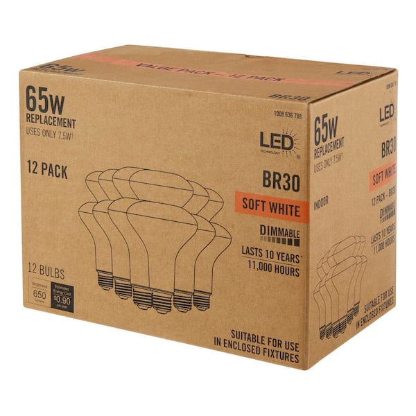 65-Watt Equivalent BR30 Dimmable Flood LED Light Bulb Soft White (12-Pack)