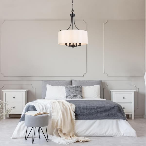 4-Light Modern Black Chandelier Drum Candlestick Island Chandelier Pendant Light with Fabric Shade