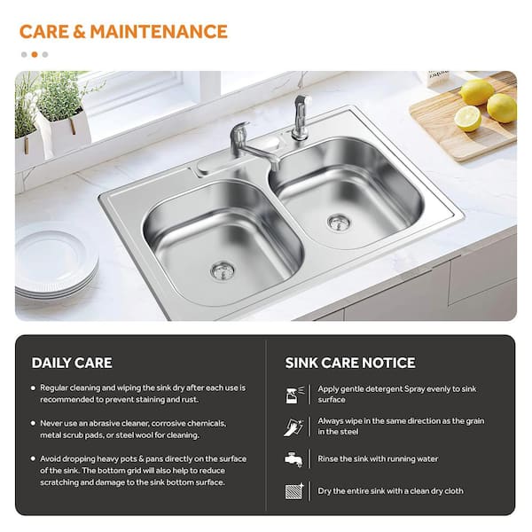 33 in. Drop-in Double Bowl 20 Gauge Stainless Steel Kitchen Sink