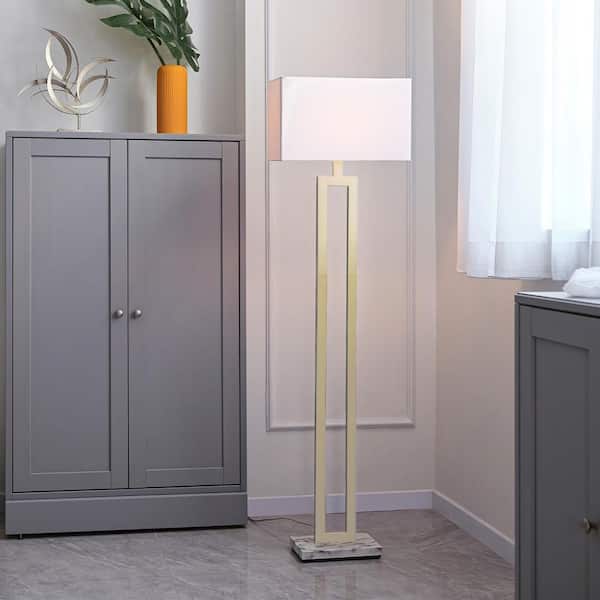 D'Alessio 58 in. Gold Floor Lamp with White Linen Shade and Faux Marble Base, CEC Title 20 LED Bulb Included