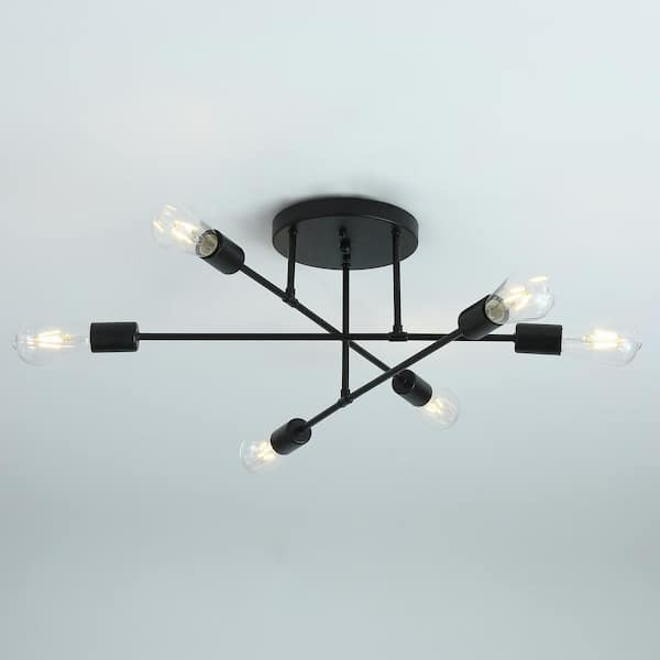 21.6 in. 6-Light Black Sputnik Modern Linear Semi Flush Mount