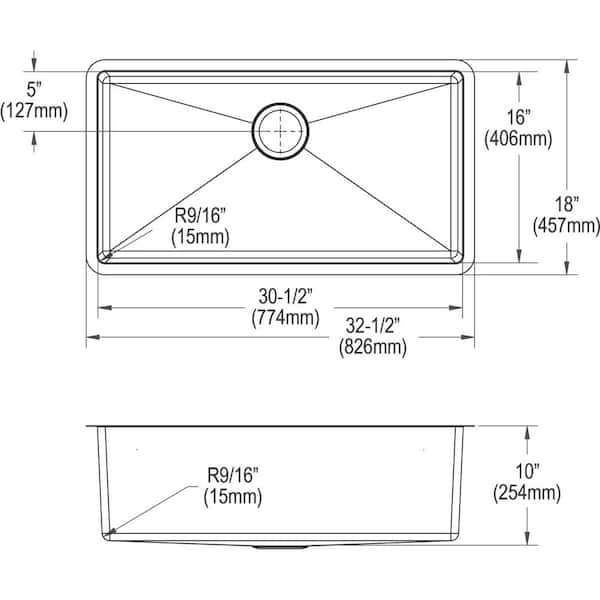 Crosstown Undermount Stainless Steel 33 in. Single Bowl Kitchen Sink with Bottom Grid and Drain