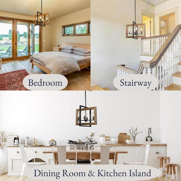 4-Light Black Modern Farmhouse Geometric Caged Wood Candelabra Chandelier LED Compatible Pendant Lighting