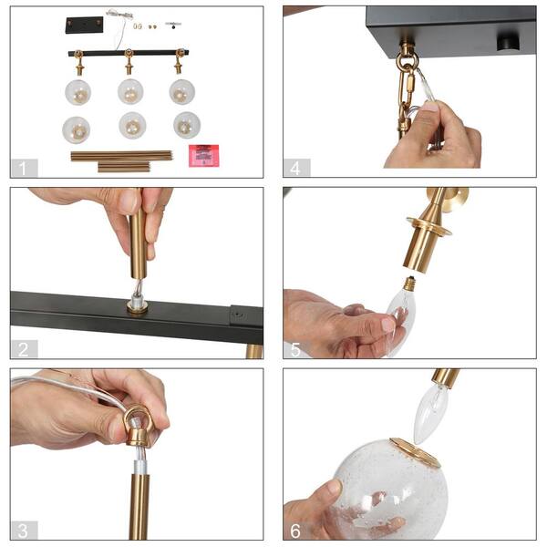 Farmhouse Black Kitchen Chandelier, 28.5 in. 6-Light Mid-Century Modern Plated Gold Dining Room Island Globe Chandelier