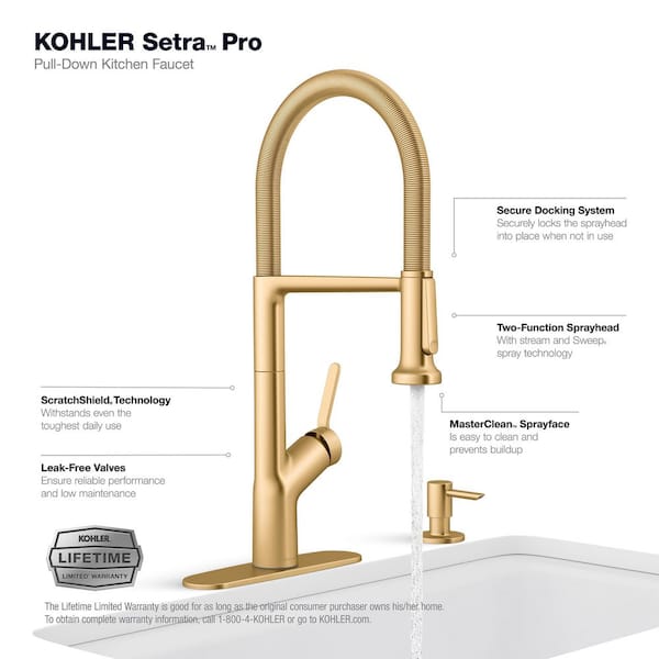 Setra Single-Handle Semi-Professional Kitchen Sink Faucet with Soap Dispenser in Vibrant Brushed Moderne Brass