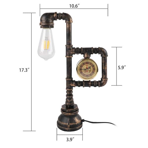17 .3 in. H. Antique Brass Steampunk Industrial Retro Metal Water Pipe Table Lamp with Clock Style