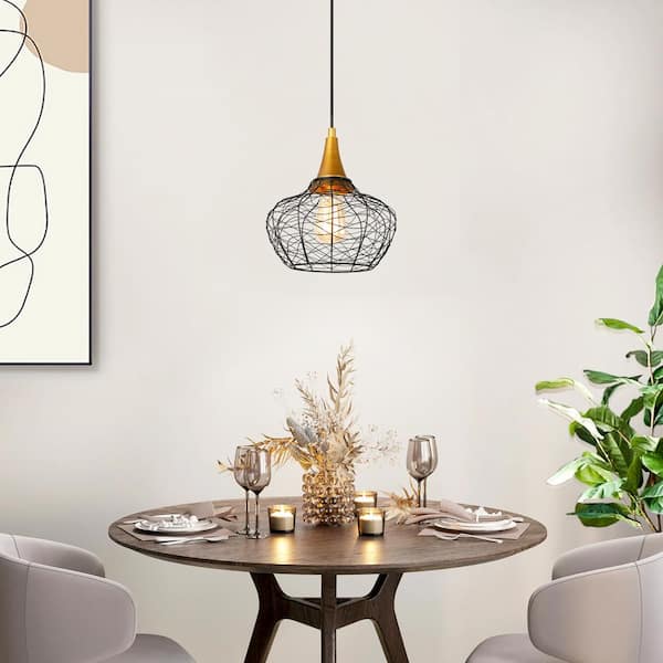 Modern Cage Ceiling Light Lirin 1-Light Brushed Gold Farmhouse Dome Semi-Flush Mount Light with Black Metal Shade
