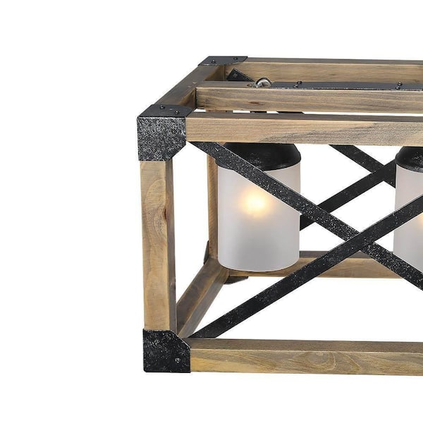 Farmhouse Dining Room Chandelier, 4-Light Brown Wood/Black Metal Kitchen Island Pendant with White Frosted Glass Shades
