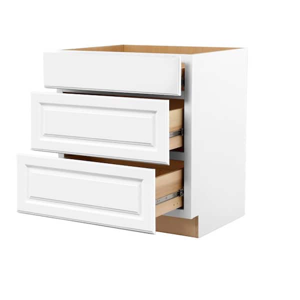 Hampton 30 in. W x 24 in. D x 34.5 in. H Assembled Drawer Base Kitchen Cabinet in Satin White with Full Extension Glides