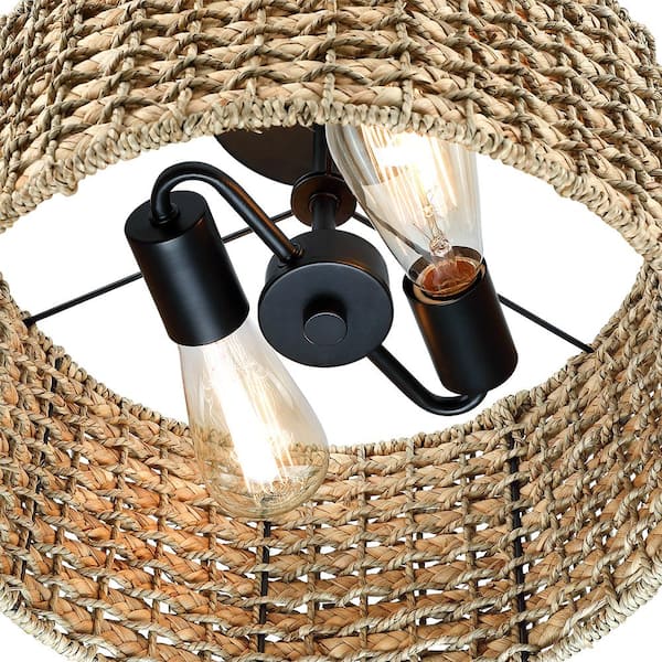 Elis 13.6 in. 2-Light Natural Rattan Semi-Flush Mount Ceiling Light with Black Canopy