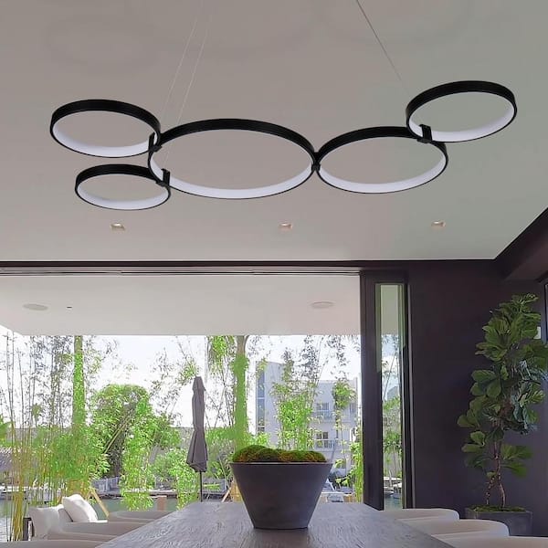 Capella 80-Watt ETL Certified Integrated LED Black Chandelier Height Adjustable 50 in. Pendant Light with 5 LED Circles