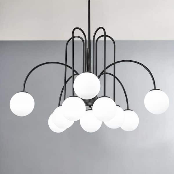 Erik 10-Light Black Unique Modern Elbow Sputnik Chandelier with Frosted White Glass Globe Bubble