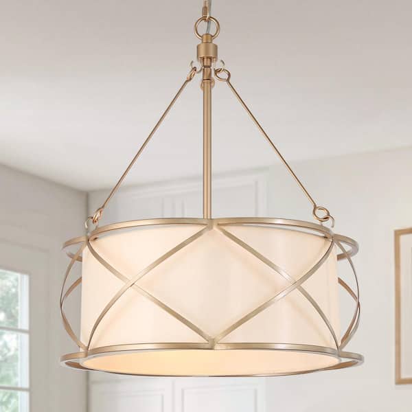 Gold Drum Bedroom Chandelier, 3-Light Modern Farmhouse Cage Chandelier Pendant Light with Fabric Shades