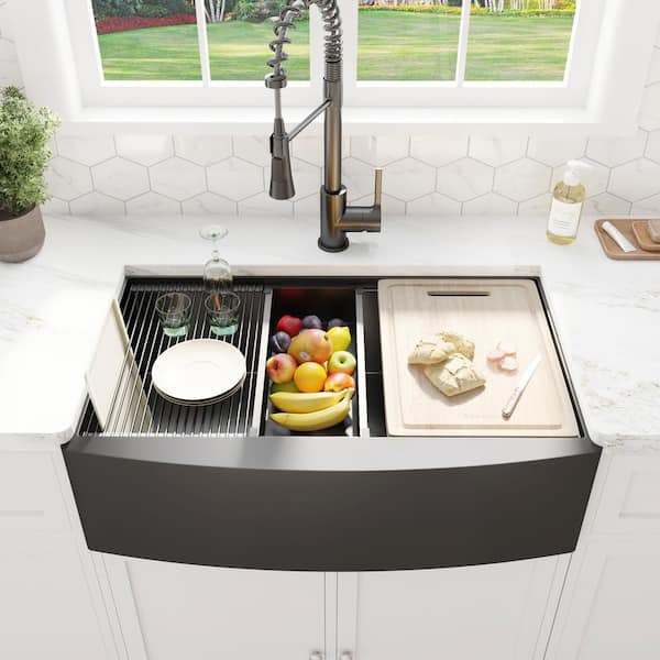 36 in. Gunmetal Black Stainless Steel Single Bowl Farmhouse Workstation Kitchen Sink with Black Faucet and Accessories