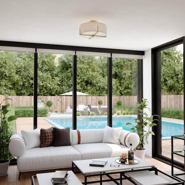 Surrey 18-in W Natural Brass Mid-Century Modern Semi Flush Mount Ceiling Light White Linen Drum Shade