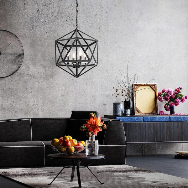 Renzo 4-Light Antique Black Geometric Iron Modern Farmhouse Cage Chandelier with Clear Glass Shades