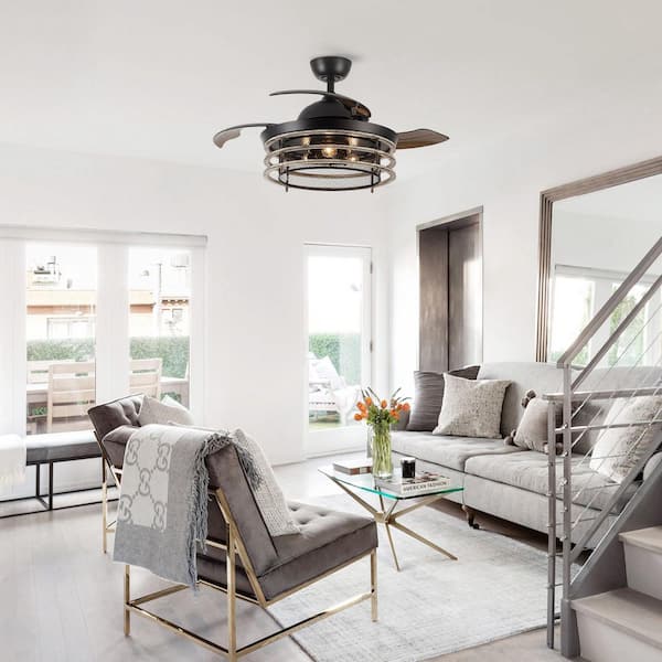 42 in. Industrial Retractable 3-Blade Matte Black Ceiling Fan with Remote Control and Light Kit