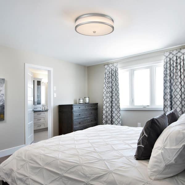 15 in. Watt Equivalence 200-Watt Modern Satin Nickel Dimmable Integrated LED Flush Mount Light with White Acrylic Shade