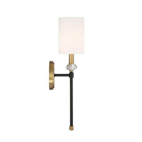 Tivoli 5 in. W x 19 in. H 1-Light Matte Black/Warm Brass Wall Sconce with Faceted Crystal Bauble and White Fabric Shade
