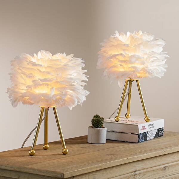 Columbus 14.5 in. Gold Tripod Table Lamp with White Feather