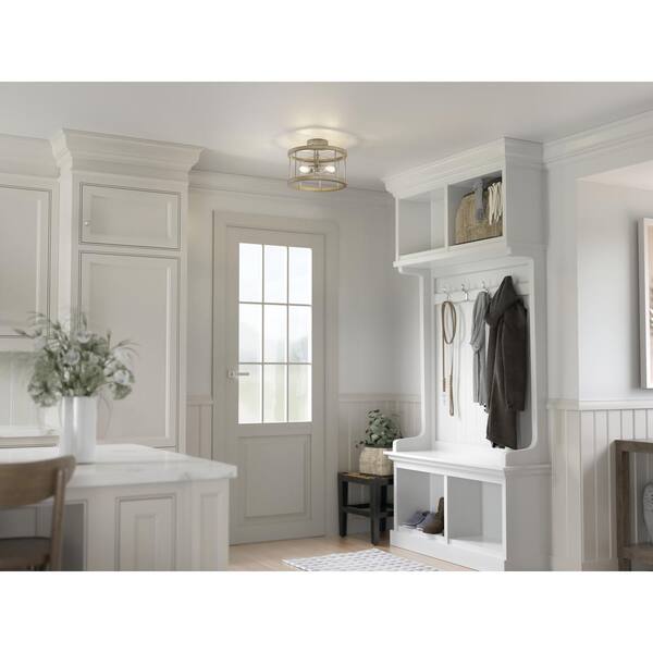 Barrett 14 in. 2-Light Distressed Antique Gray with Brushed Nickel Rustic Hallway Convertible Flush Mount Ceiling Light