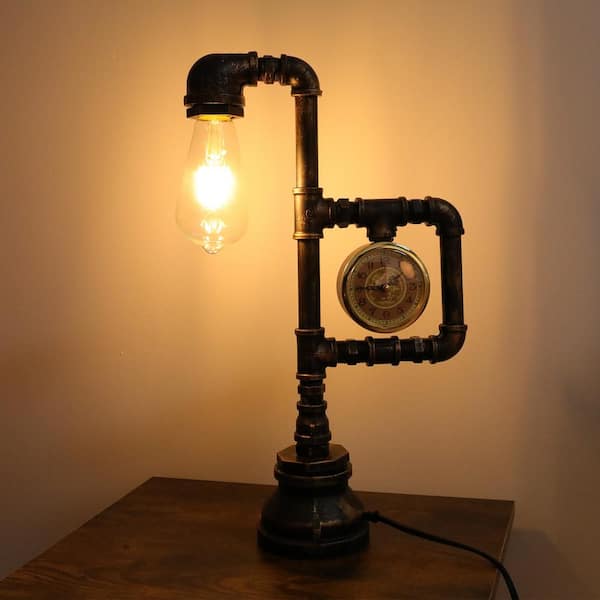 17 .3 in. H. Antique Brass Steampunk Industrial Retro Metal Water Pipe Table Lamp with Clock Style