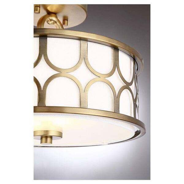 Meridian 13 in. W x 10 in. H 2-Light Natural Brass Semi-Flush Mount with White Fabric Shade and Geometric Metal Frame