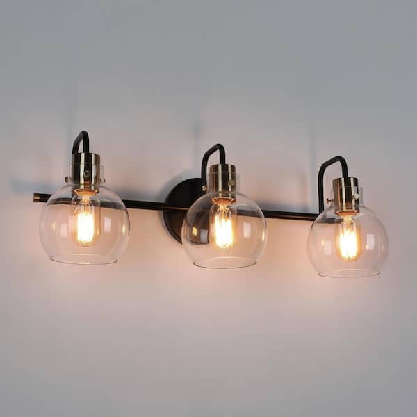 23 in. 3-Light Black Bathroom Vanity Light, Modern Polished Brass DIY Bath Light, Classic Globe Clear Glass Wall Sconce