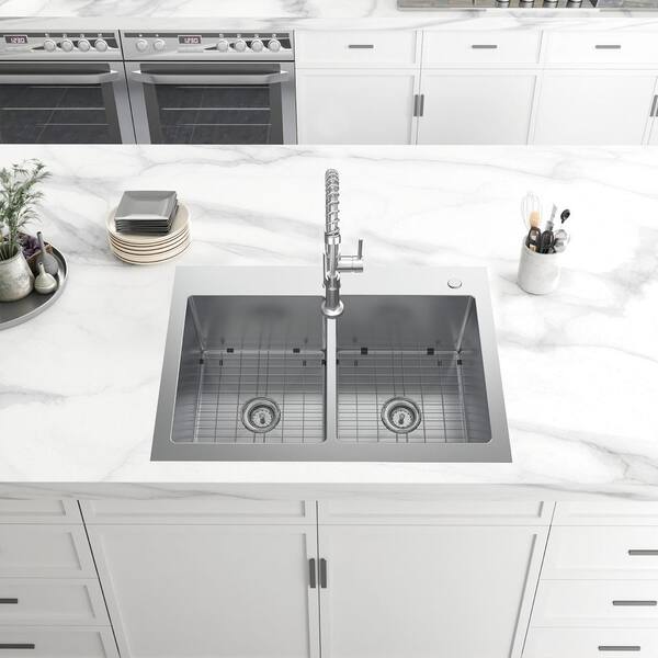 AIO Tight Radius Drop-In/Undermount 18G Stainless Steel 33 in. 50/50 Double Bowl Kitchen Sink with Spring Neck Faucet