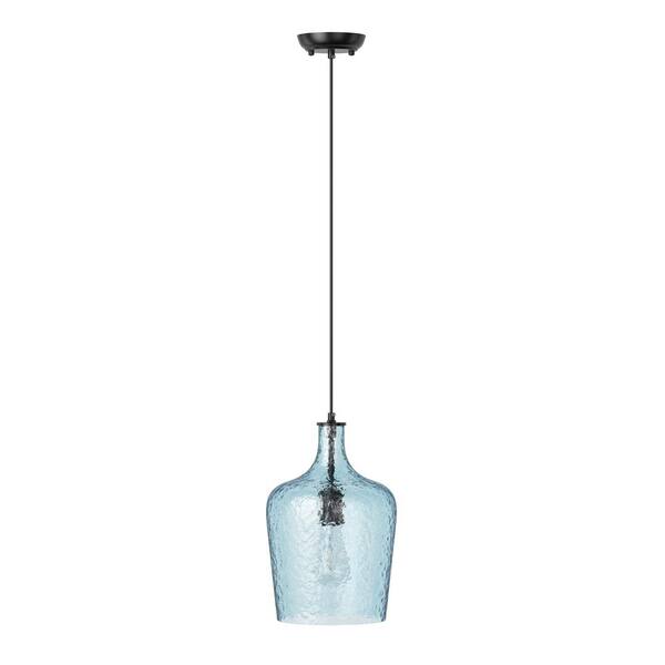 9 in. 1-Light Black Island Pendant Light Industrial Hanging Light with Blue Glass Shade