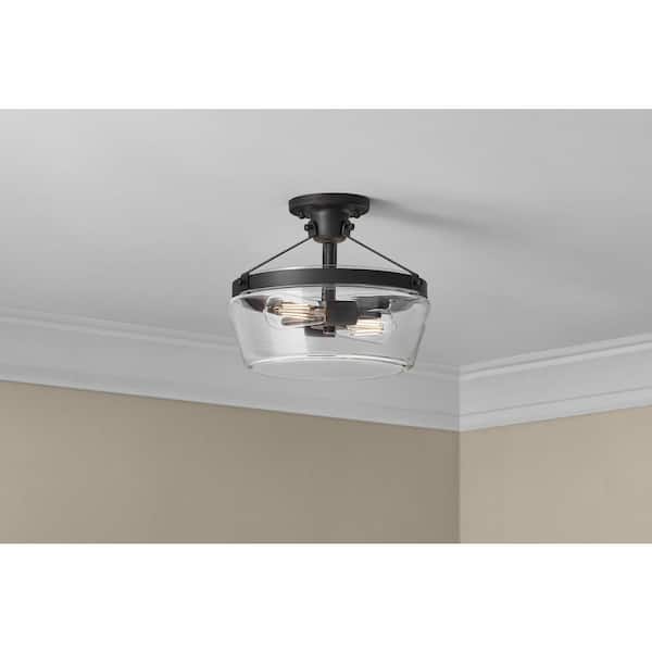 Delano 13 in. Matte Black Finish 2LT Semi-Flush Mount Clear Glass