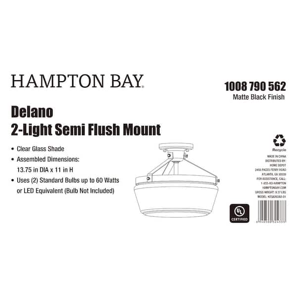 Delano 13 in. Matte Black Finish 2LT Semi-Flush Mount Clear Glass