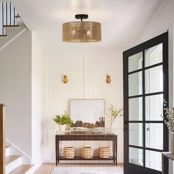 Bohe 14 in. 2-Light Woven Rope Drum Semi-Flush Mount Ceiling Light