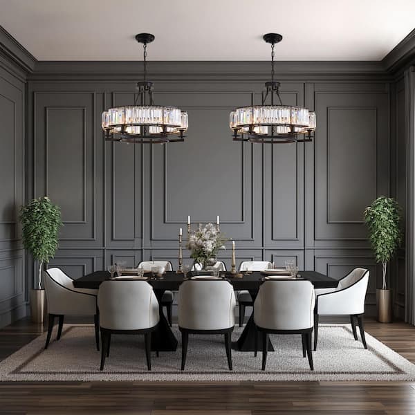 Modern Crystal Chandelier 26 in. 6-Light Black Drum Pendant Lighting Ceiling Semi Flush Mount