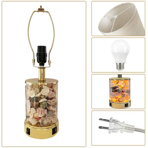 19 in. Gold Table Lamp with Seashell and Night Lights