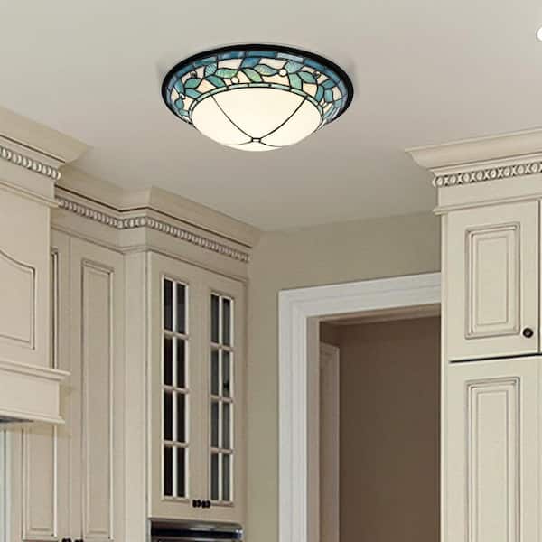 Green Leaves 150-Watt Tiffany Bronze and Hand Rolled Art Glass Integrated LED Ceiling Flush Mount