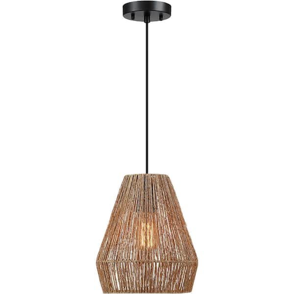 1-Light Bohemian Natural Jute Rope Island Mini Pendant Light with Black Hardware