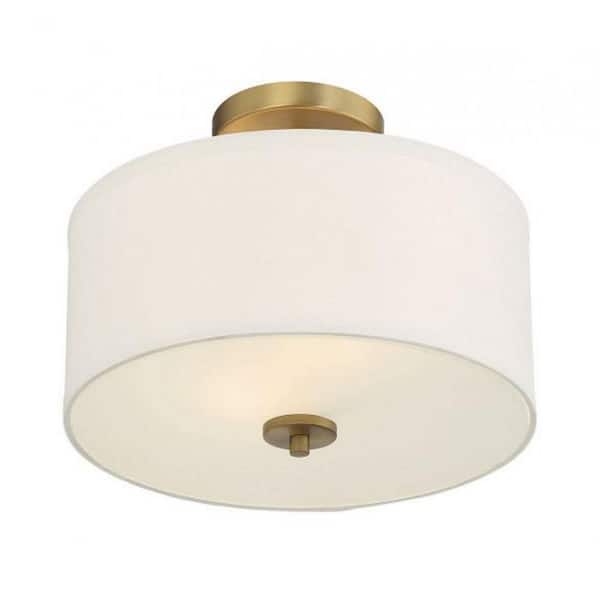 Meridian 13 in. W x 10 in. H 2-Light Natural Brass Semi-Flush Mount Ceiling Light with White Fabric Shade
