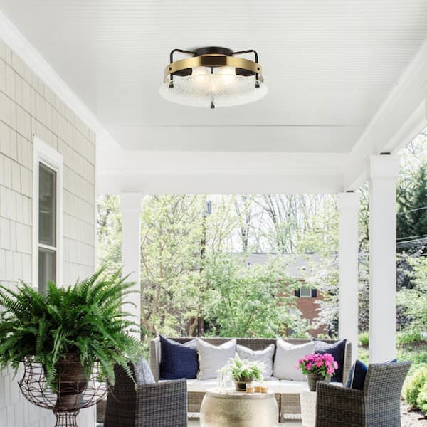 Modern 15 in. 3-Light Matte Black and Gold Drum Semi- Flush Mount Ceiling Light Fixture with Clear Glass