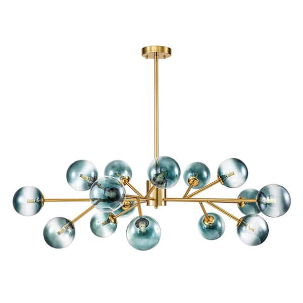 Higginsville 15-Light Farmhouse Gold Sputnik Sphere Linear Pendant Chandelier with Gradient Blue Glass Shade