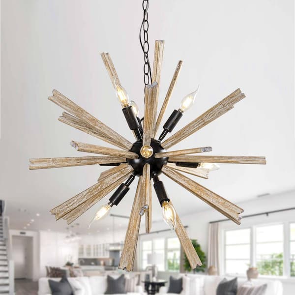 Rustic 9-Light Antique Black Candlestick Hanging Sputnik Chandelier with Natural Wood Bursts