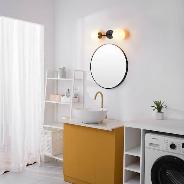 Celestia 2-Light Matte Black Wall Sconce with Antique Brass Socket and Matte Opal Glass Shades