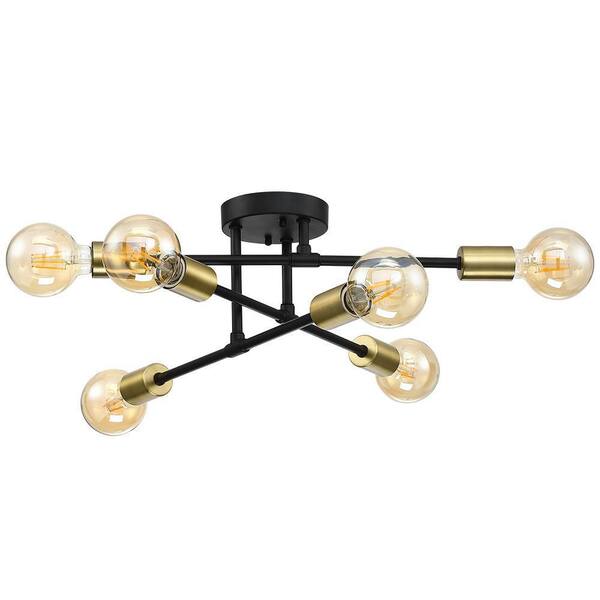 Trident 25.5 in. 6-Light Black and Gold Sputnik Semi Flush Mount Ceiling Light