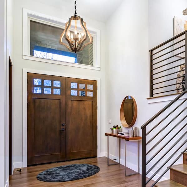 Modern Farmhouse Candlestick Wood Chandelier, Niki 5-Light Brushed Black Candlestick Kitchen Island Lantern Chandelier